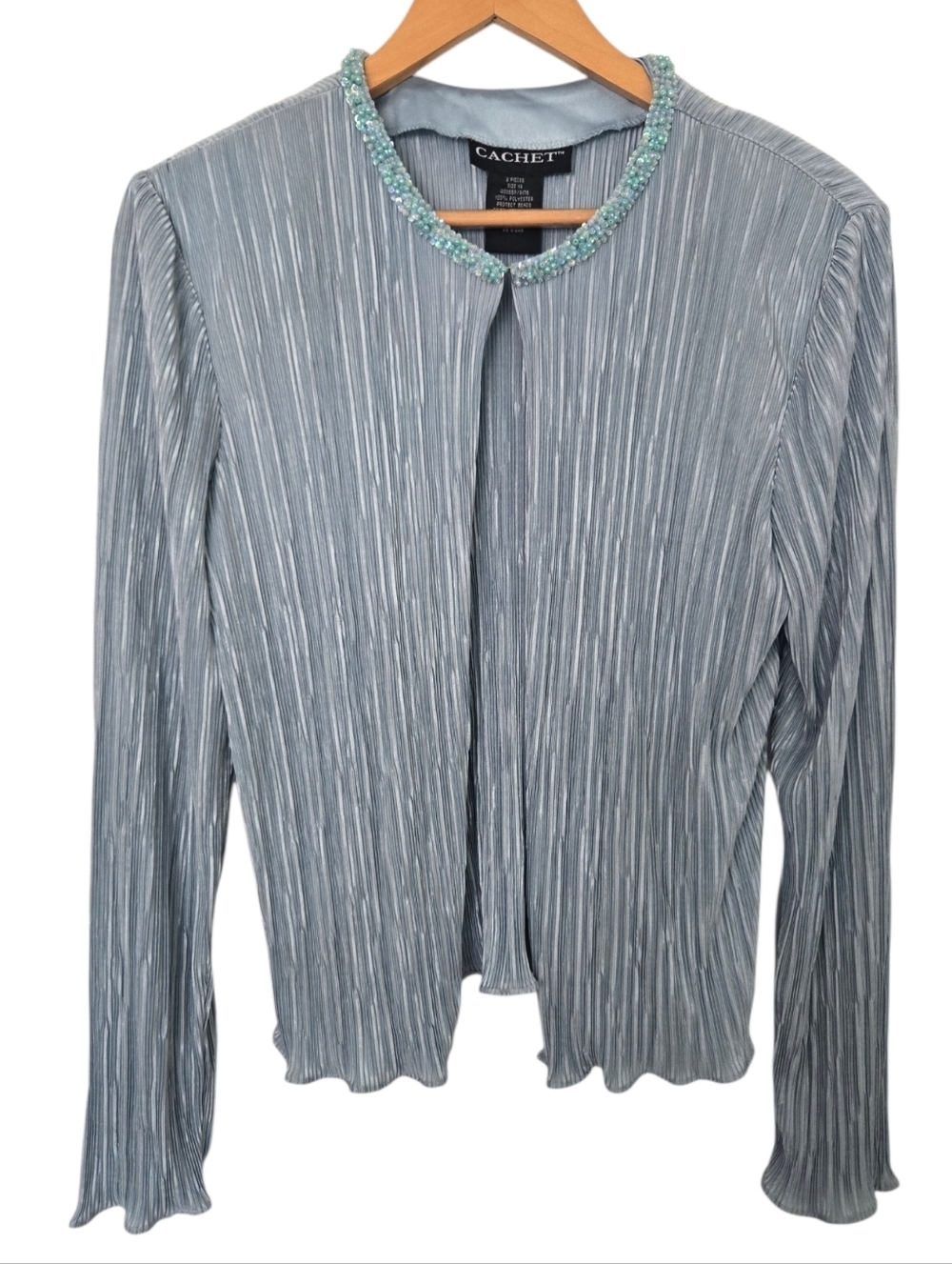 Cachet Y2K Beaded Top Blue Crinkle Pleated Cardigan Size 14